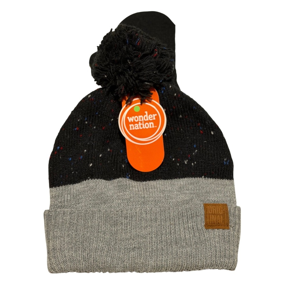 Wonder Nation‎ Beanie and Mittens Set Black Gray Speckled Pom Pom Winter Kids OS